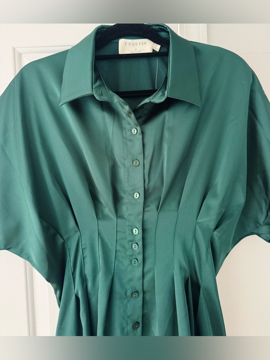 Anthropologie The Tobie Emerald Green Satin Maxi Shirt Dress by Exquise, Size M - Picture 7 of 13